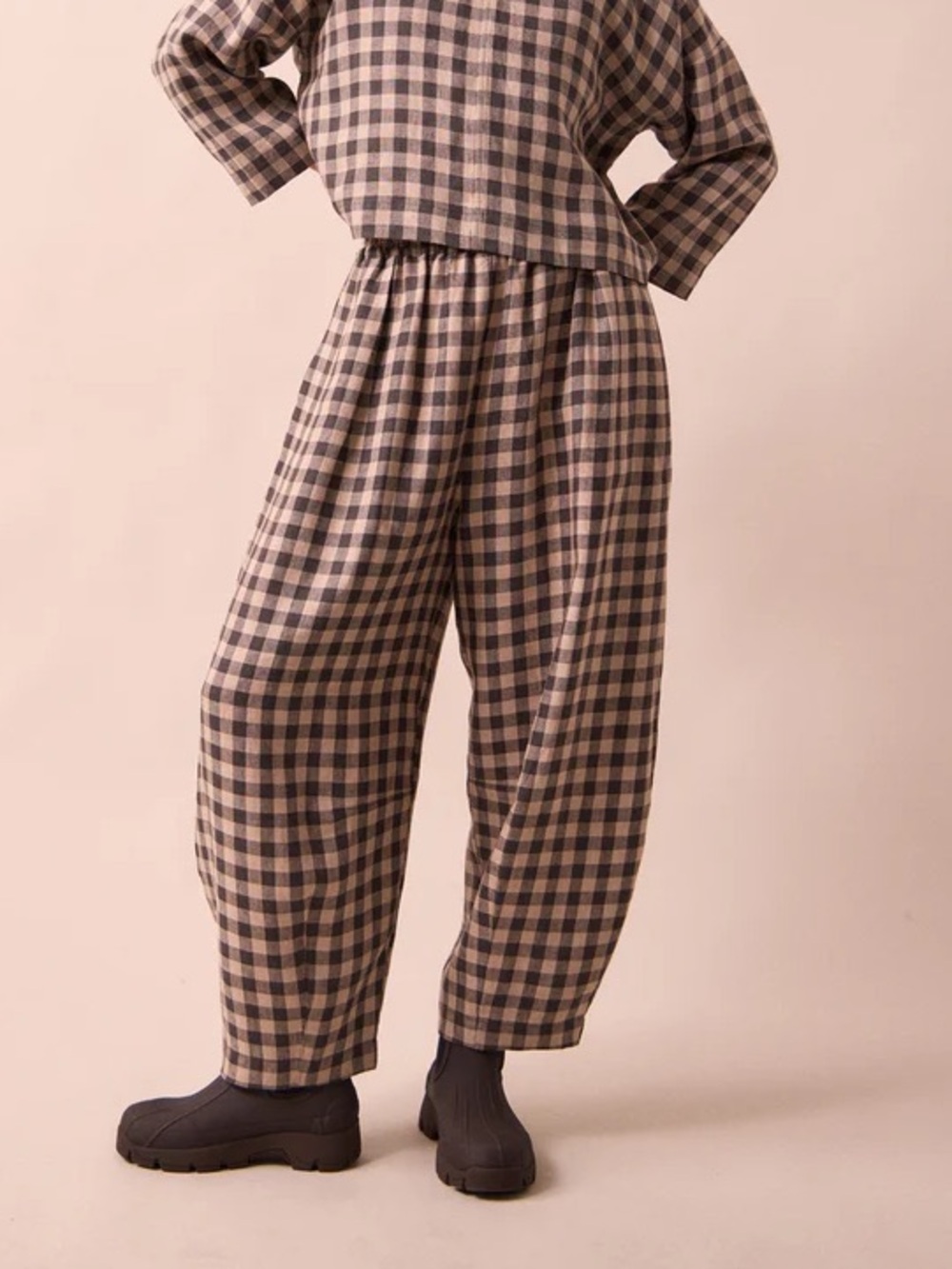 Beyond Nine Daisy Linen Pants in Stone Gingham